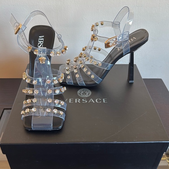 Versace Shoes - VERSACE transparent and gold rhinestone studded sandals. Size 41